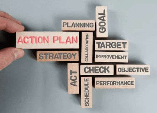 Action plan components on wooden blocks